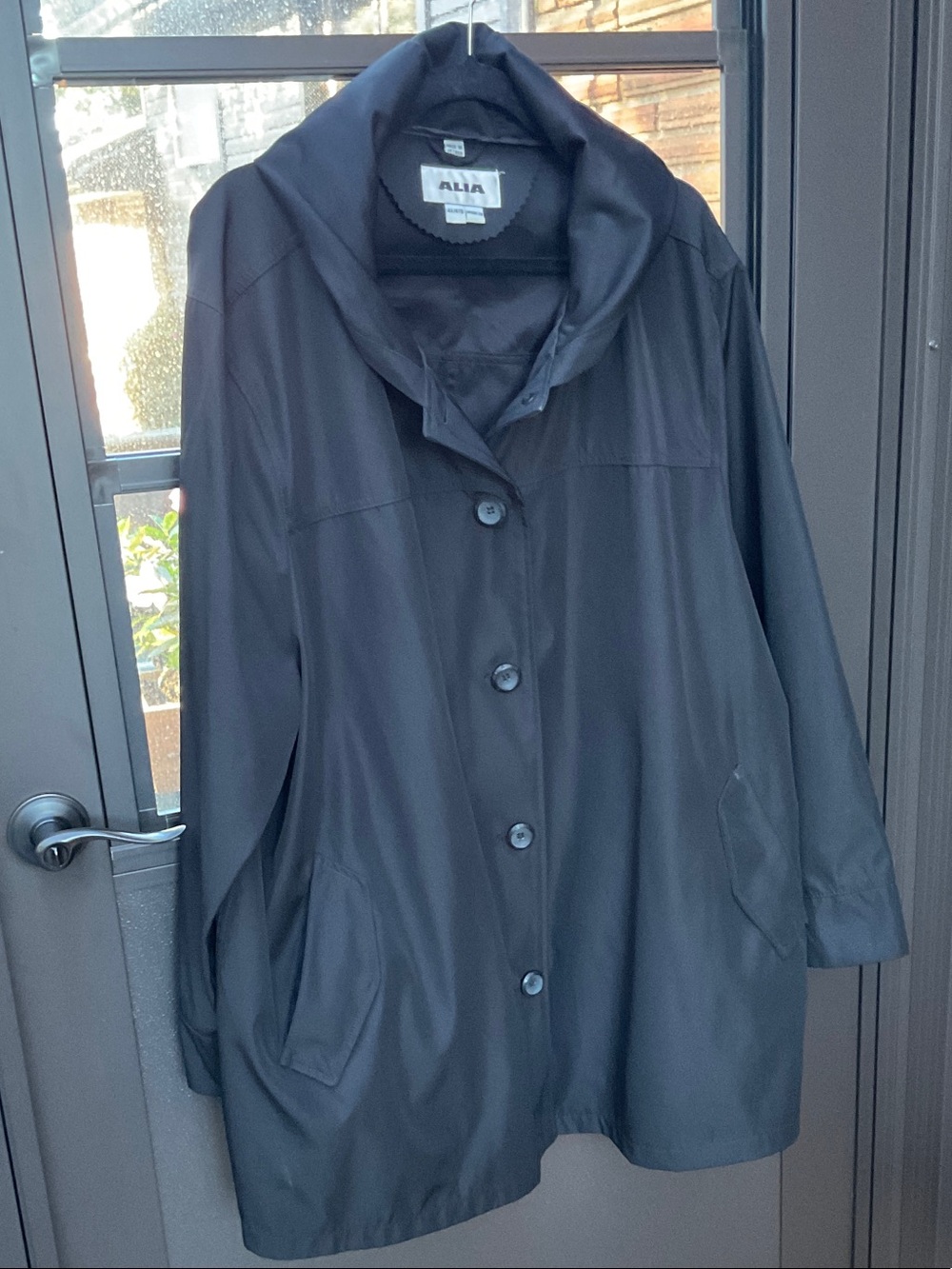 Alia Black Button-Front Windbreaker Coat with hood